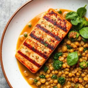 Grilled salmon and lentil dal with spinach