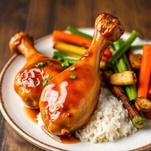 Chicken legs in honey-soy sauce with grilled vegetables