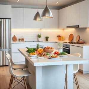 Modern kitchen and healthy food table