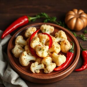 Baked cauliflower in a wooden plate with red pepper