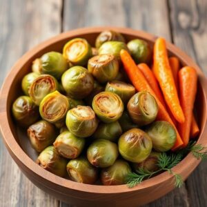 Brussels sprouts in a wooden plate with carrots