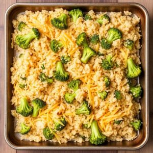 Rice casserole with broccoli and cheese on a baking sheet