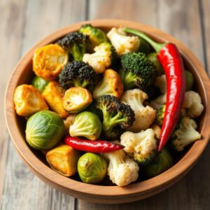 Roasted vegetables: Brussels sprouts, broccoli and cauliflower in a wooden bowl with red pepper