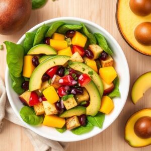 Mango and avocado salad in a beautiful salad bowl
