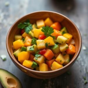 Mango and avocado salsa in a beautiful bowl