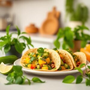 Mango and avocado tacos on a plate in a kitchen with green plants