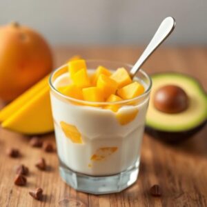 Yogurt with mango and avocado in a glass
