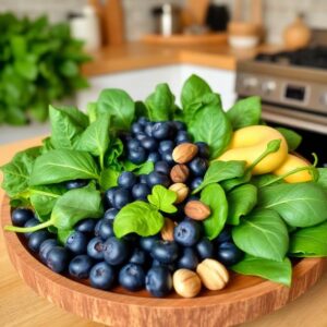 Leafy green vegetables and blueberries, spinach, banana, nuts, fruits
