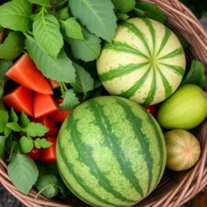 Leafy green vegetables and fruits watermelon, melon in a basket