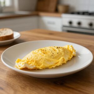 A classic omelet on the table in a cozy kitchen.