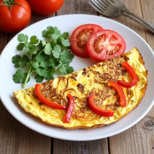 Omelet with bell peppers, tomatoes, and fresh cilantro