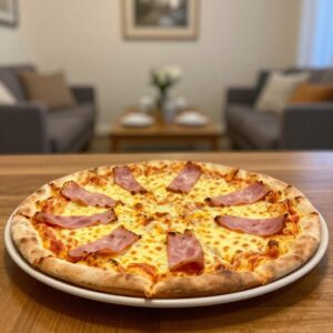 Pizza-style omelet with cheese and ham on a table in a cozy living room